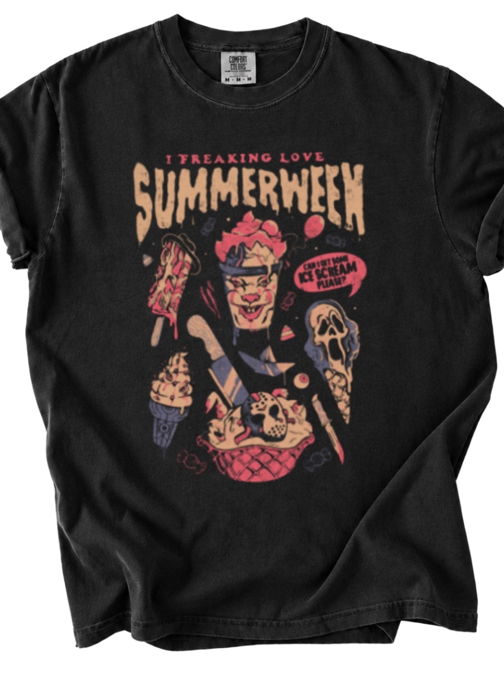 Black Summerween Graphic Tee with Pink & Cream Art